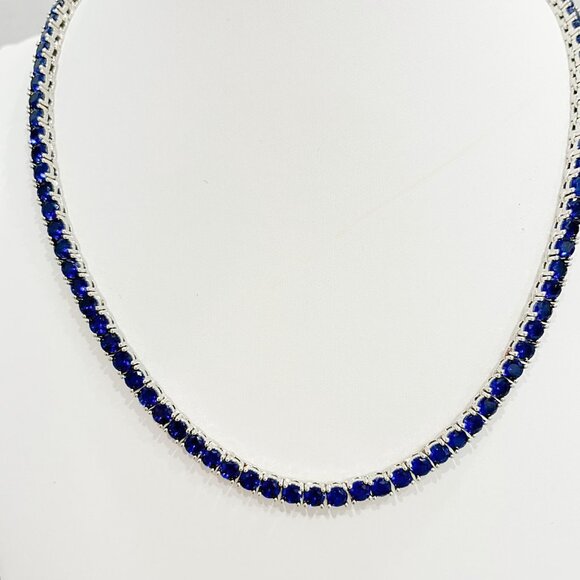 Stunning Simulated Blue Sapphire Diamondette September Birthday Tennis Necklace - Picture 2 of 6